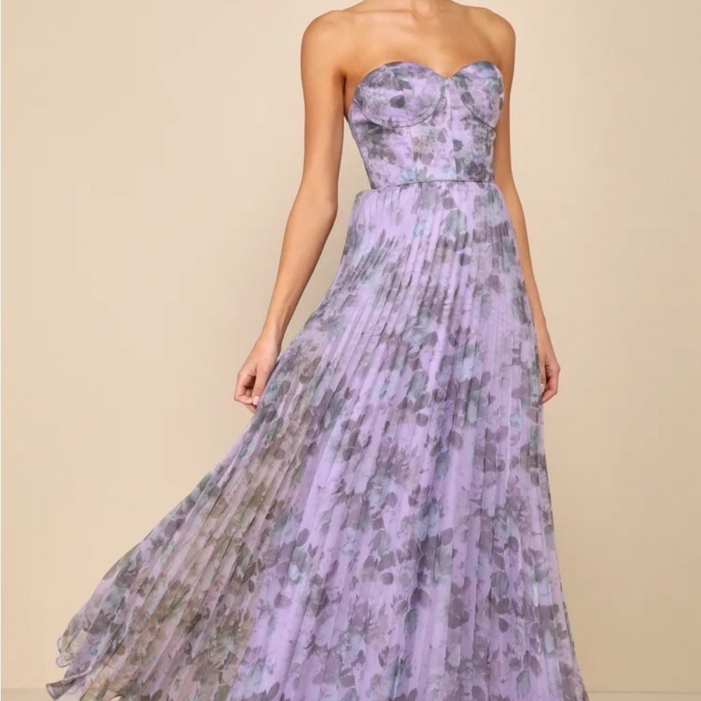 Lulu's Lavender Floral Strapless Pleated Gown